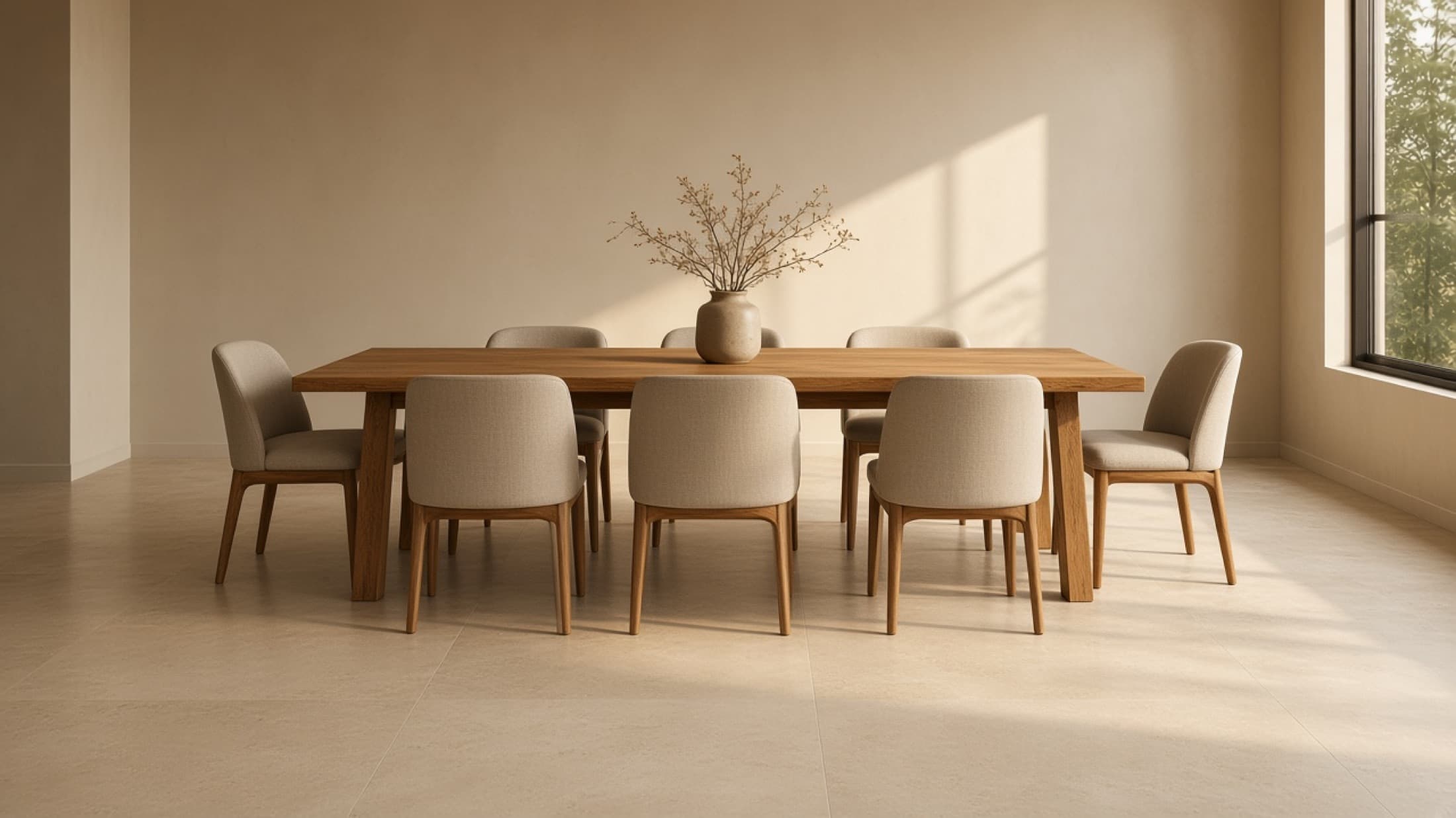 A dining room with a limestone-look porcelain floor