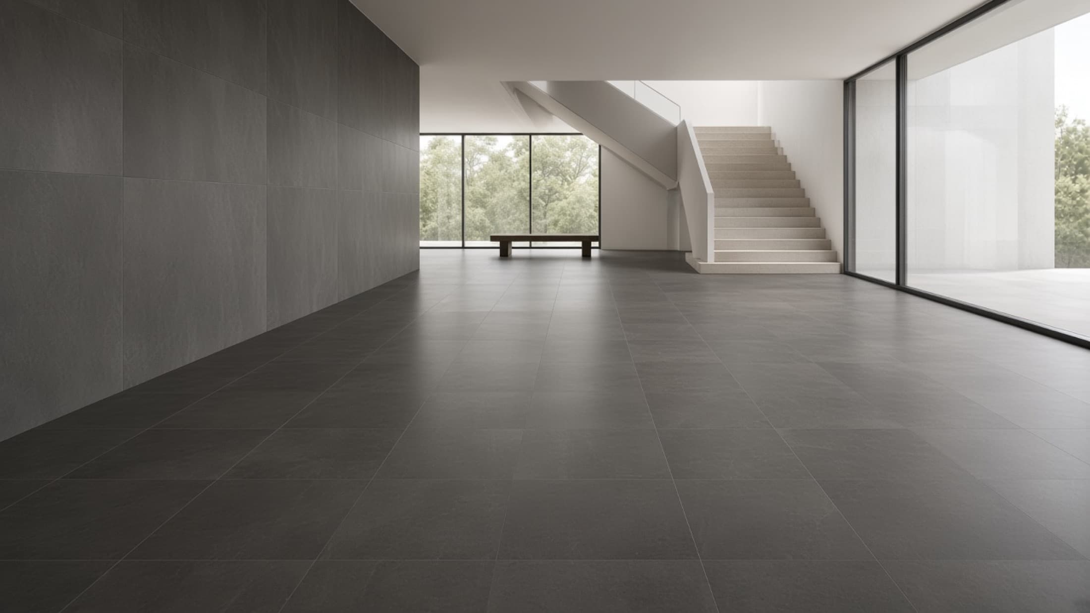 A lobby in large-format grey porcelain